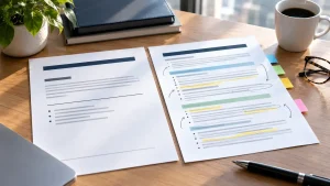 Two workplace policy documents side by side, one brief and one extensively annotated, illustrating the difference between restrictive and practical AI policies.