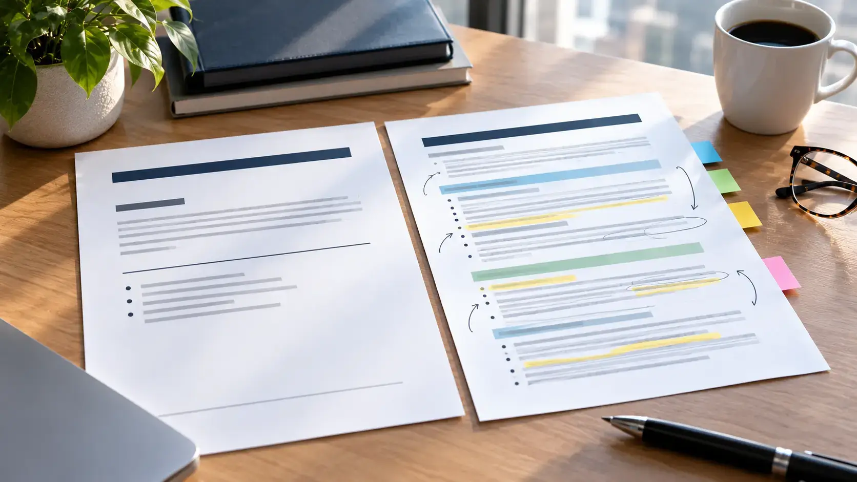 Two workplace policy documents side by side, one brief and one extensively annotated, illustrating the difference between restrictive and practical AI policies.
