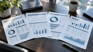 Four business reports with different charts and layouts on an office desk, illustrating data readiness and reporting challenges for AI.