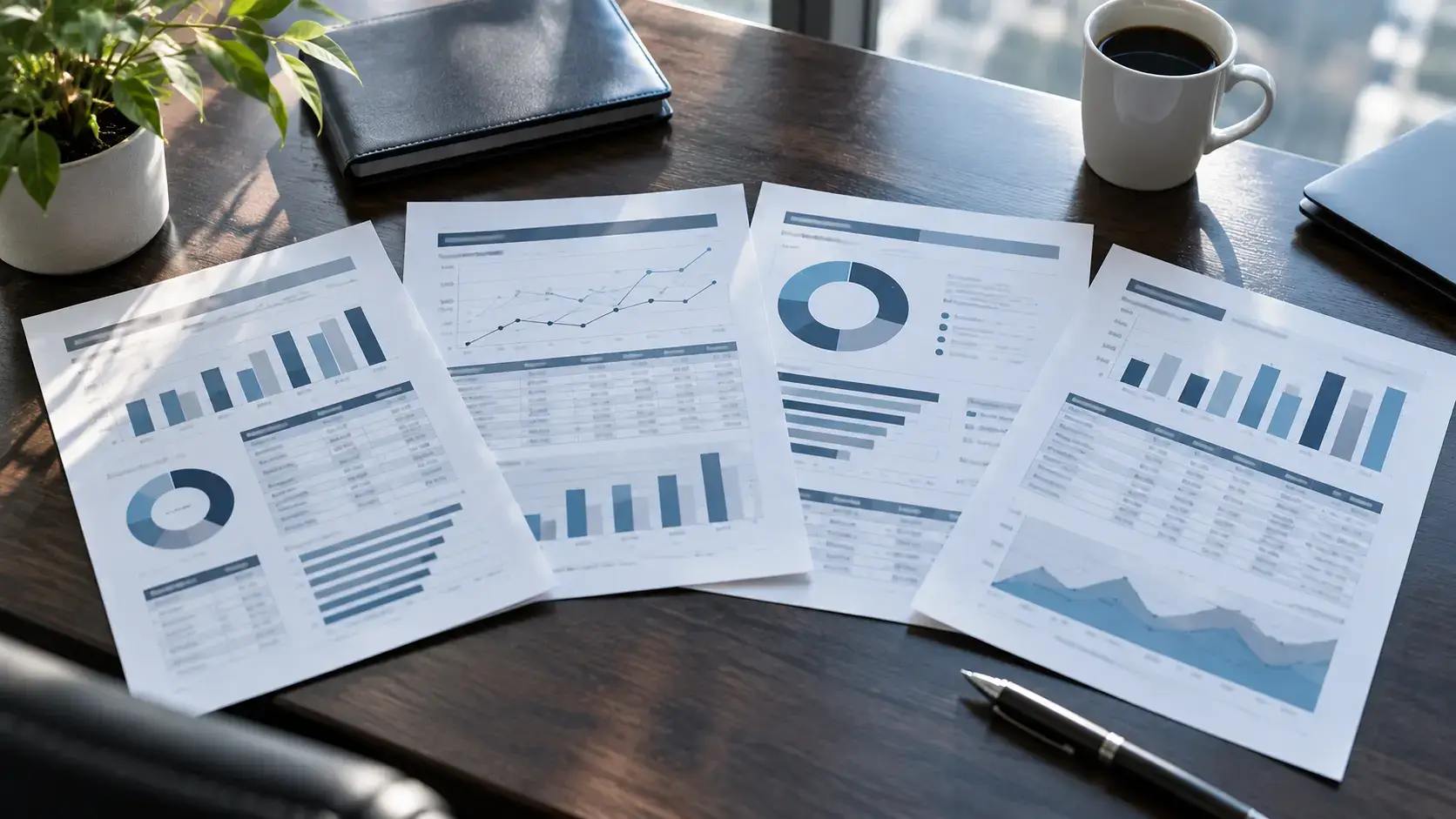Four business reports with different charts and layouts on an office desk, illustrating data readiness and reporting challenges for AI.