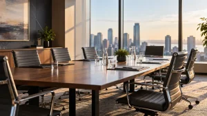 Empty executive boardroom with a long conference table and chairs, representing the need for clear leadership and accountability in AI strategy.